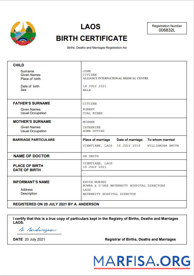 Printable Laos birth certificate Word and PDF template